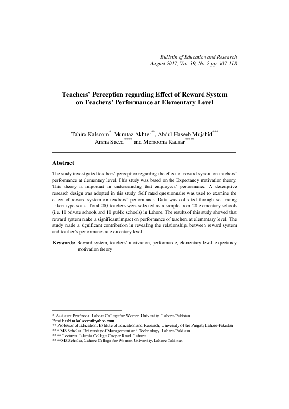 (PDF) Teachers' Perception regarding Effect of Reward System on ...