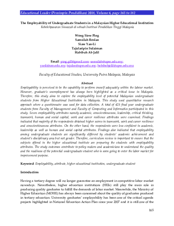 (PDF) The Employability of Undergraduate Students in a Malaysian Higher ...