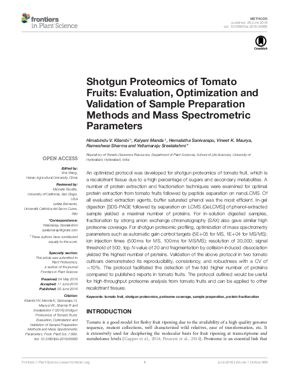 (PDF) Shotgun Proteomics of Tomato Fruits: Evaluation, Optimization and ...