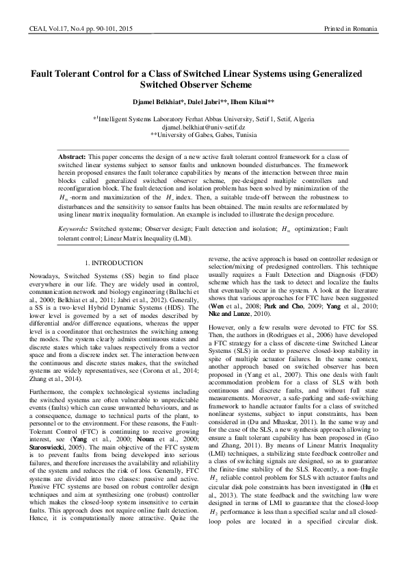 (PDF) Fault Tolerant Control for a Class of Switched Linear Systems ...