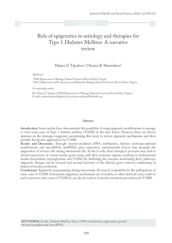 (PDF) Role of epigenetics in aetiology and therapies for Type 1 ...