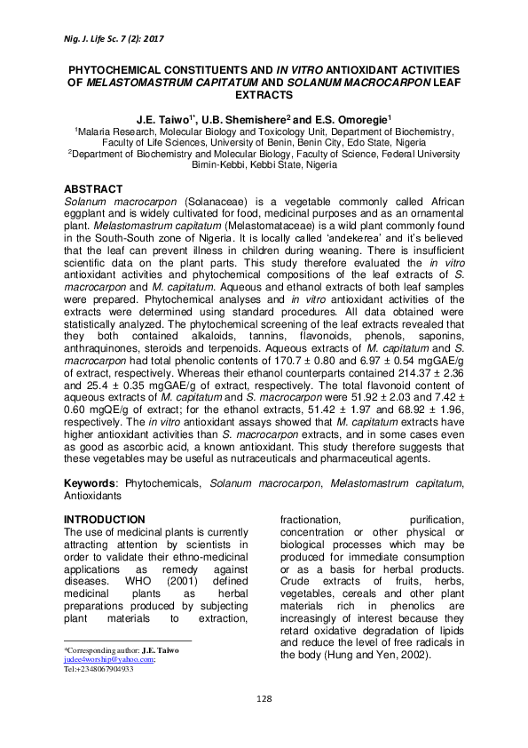 (PDF) PHYTOCHEMICAL CONSTITUENTS AND IN VITRO ANTIOXIDANT ACTIVITIES OF ...