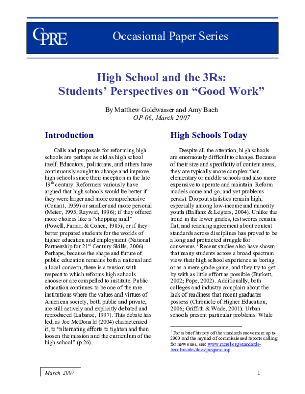 (PDF) High School and the 3Rs Students' Perspectives on "Good Work