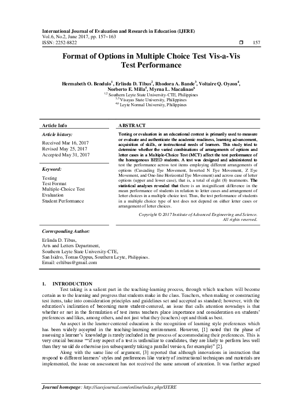 (PDF) Format of Options in Multiple Choice Test vis-a-vis Test Performance