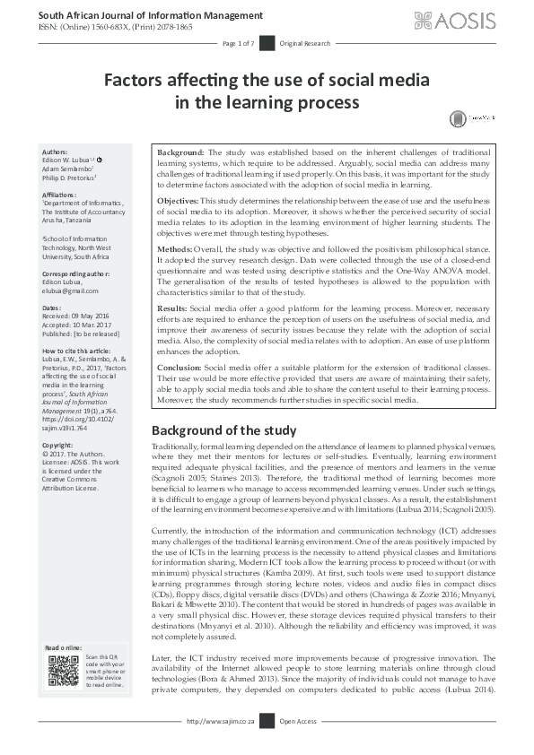 (PDF) Factors affecting the use of social media in the learning process