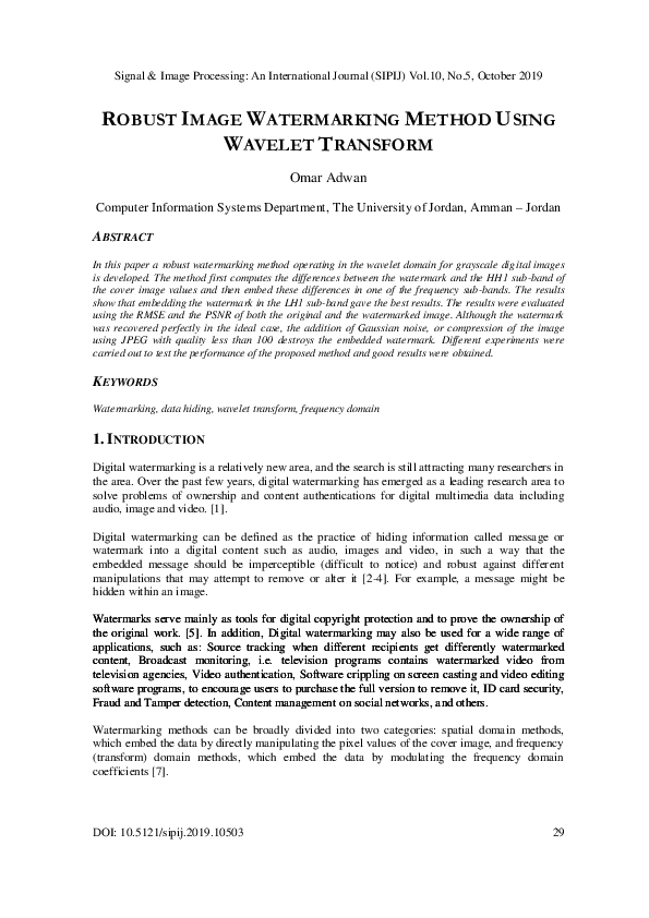 (PDF) Robust Image Watermarking Method using Wavelet Transform Signal