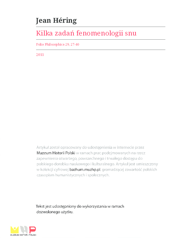 (PDF) Jean Héring: Kilka zadań fenomenologii snu (tłumaczenie/translation)