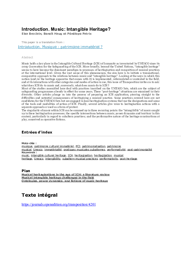 (PDF) Introduction. Music: Intangible Heritage