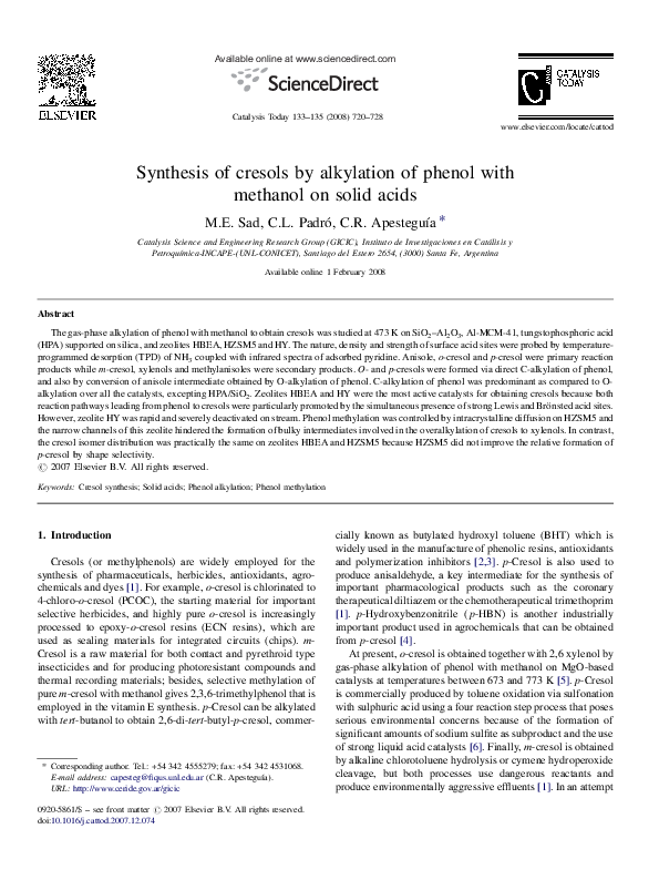 na- PDF) Synthesis of cresols by alkylation of phenol with
