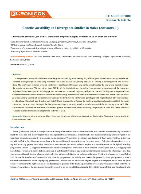 (PDF) Genetic Variability and Divergence Studies in Maize (Zea mays L.)