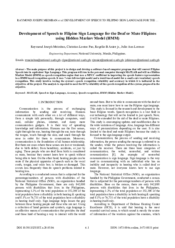 (PDF) Development of Speech to Filipino Sign Language for the Deaf or