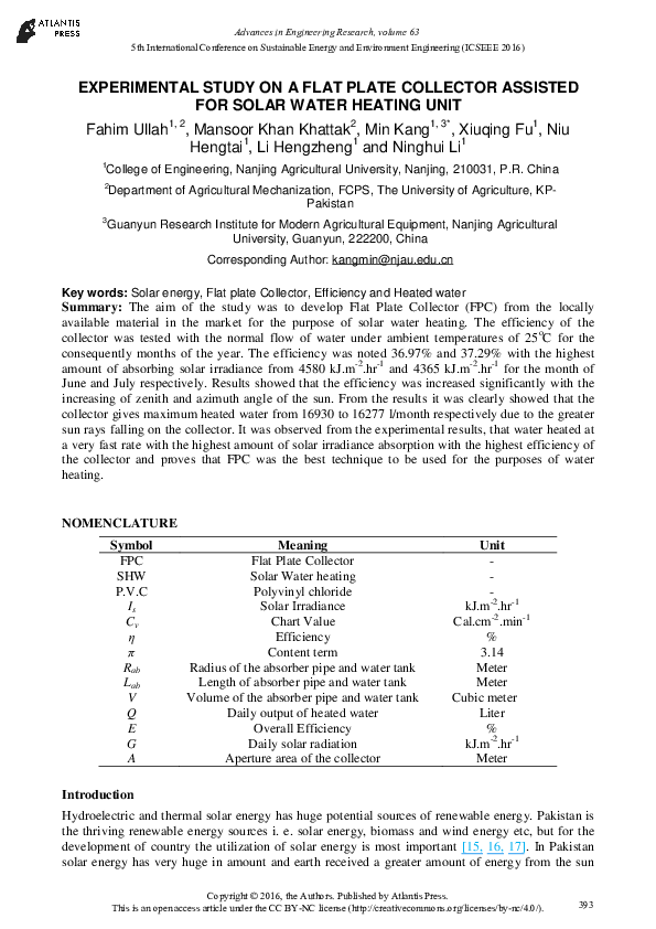 (PDF) EXPERIMENTAL STUDY ON A FLAT PLATE COLLECTOR ASSISTED FOR SOLAR ...
