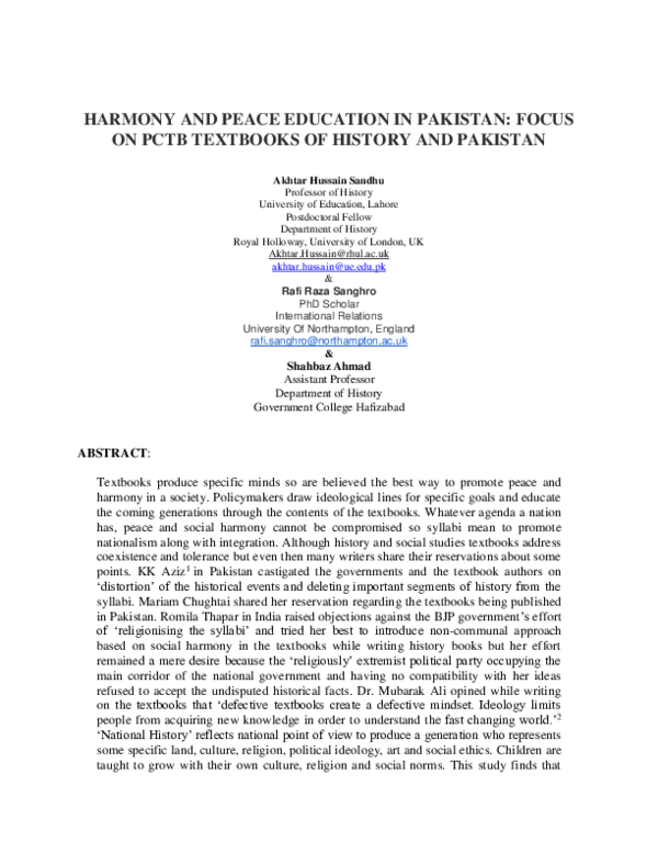 (DOC) Textbooks of History and Pakistan Studies and Peace Education in