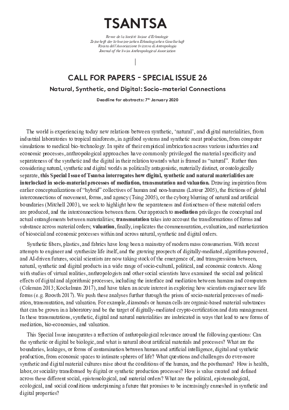 (PDF) Tsantsa CALL FOR PAPERS -SPECIAL ISSUE 26 Natural, Synthetic, and ...