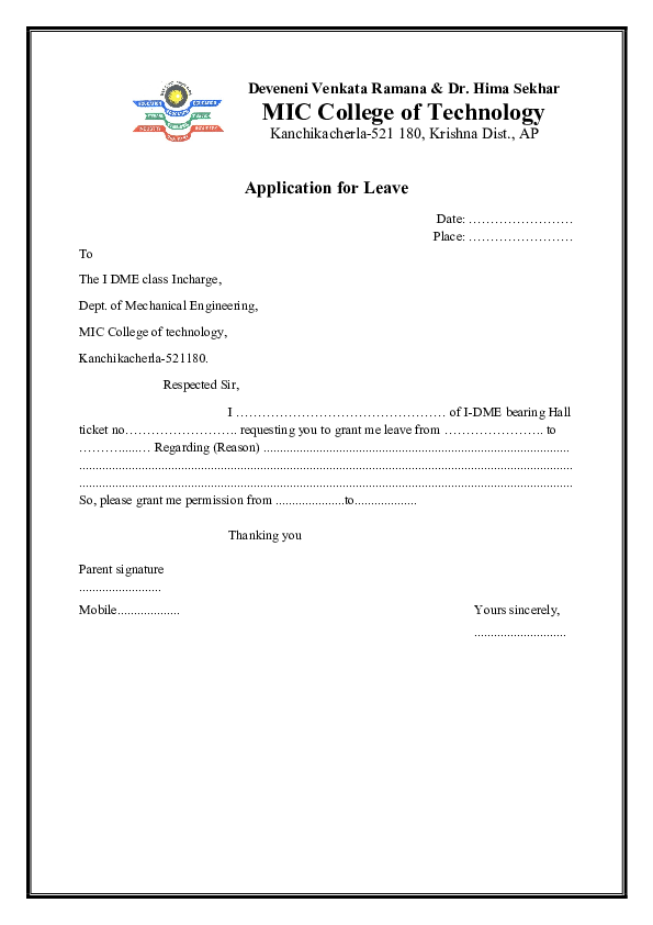 PDF) Application for Leave | Maindeepvarma Y - Academia.edu