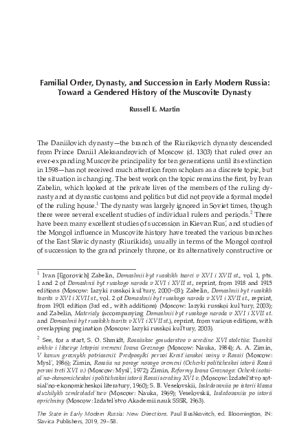 Familial Order, Dynasty, and Succession in Early Modern Russia: Toward a Gendered History of the Muscovite Dynasty