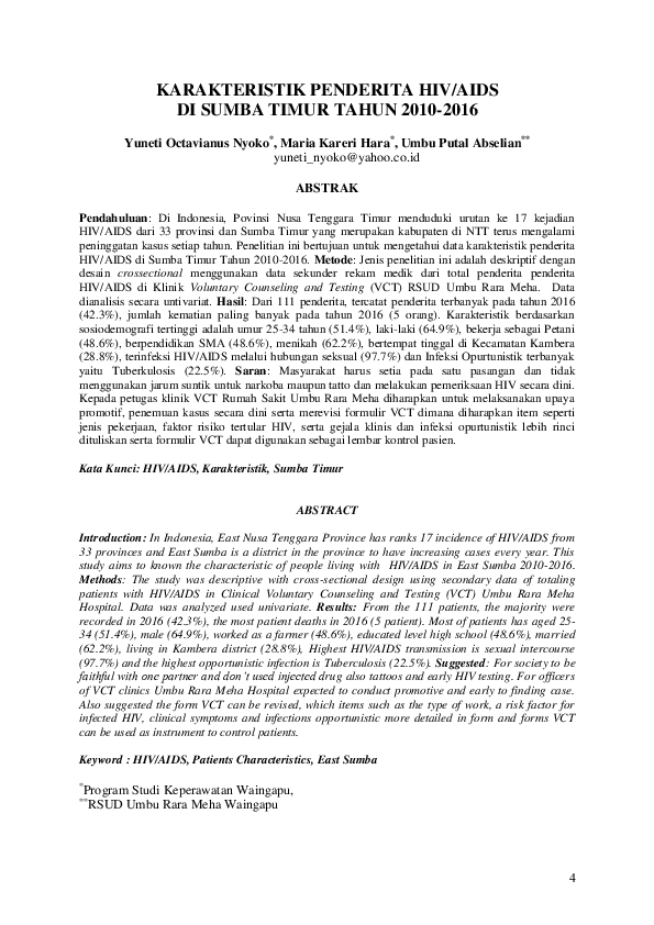 (PDF) KARAKTERISTIK PENDERITA HIV/AIDS DI SUMBA TIMUR TAHUN 2010-2016