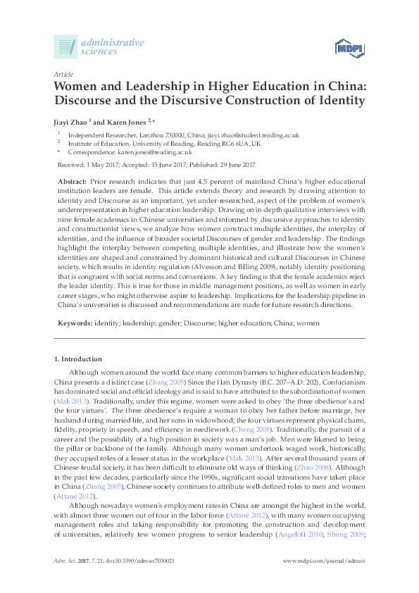 (PDF) Women and Leadership in Higher Education in China: Discourse and ...