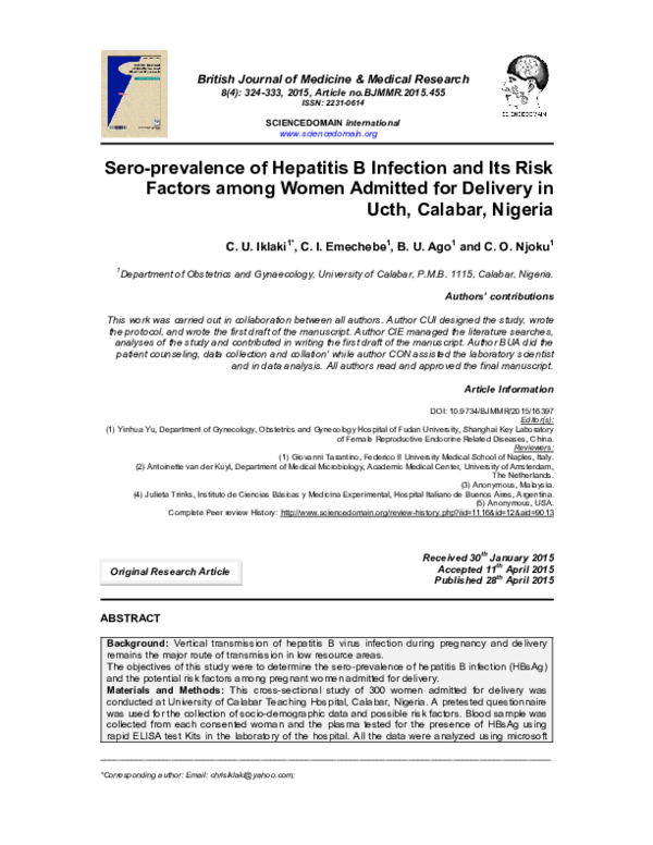 (PDF) Sero-prevalence of Hepatitis B Infection and Its Risk Factors ...