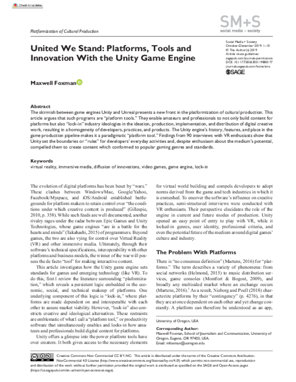 (PDF) United We Stand: Platforms, Tools and Innovation With the Unity ...