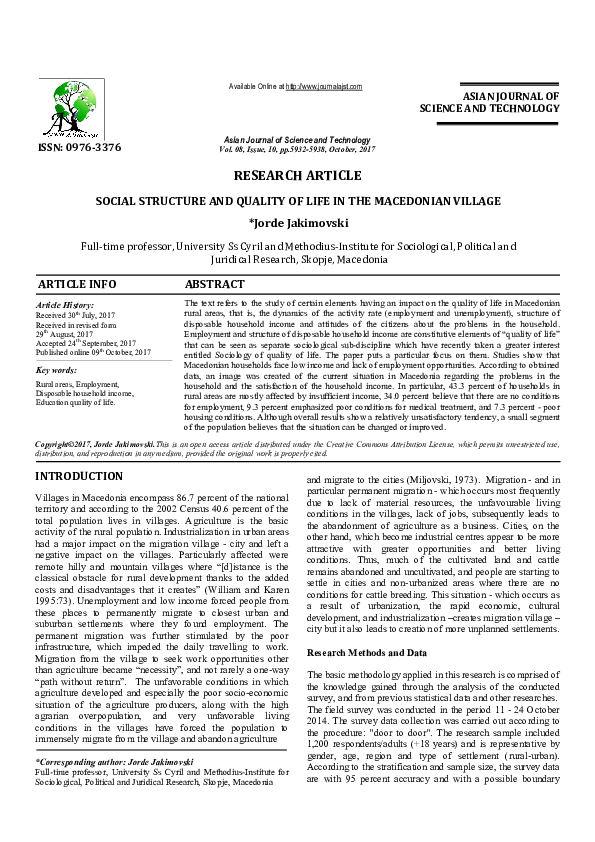 (PDF) SOCIAL STRUCTURE AND QUALITY OF LIFE IN THE MACEDONIAN VILLAGE