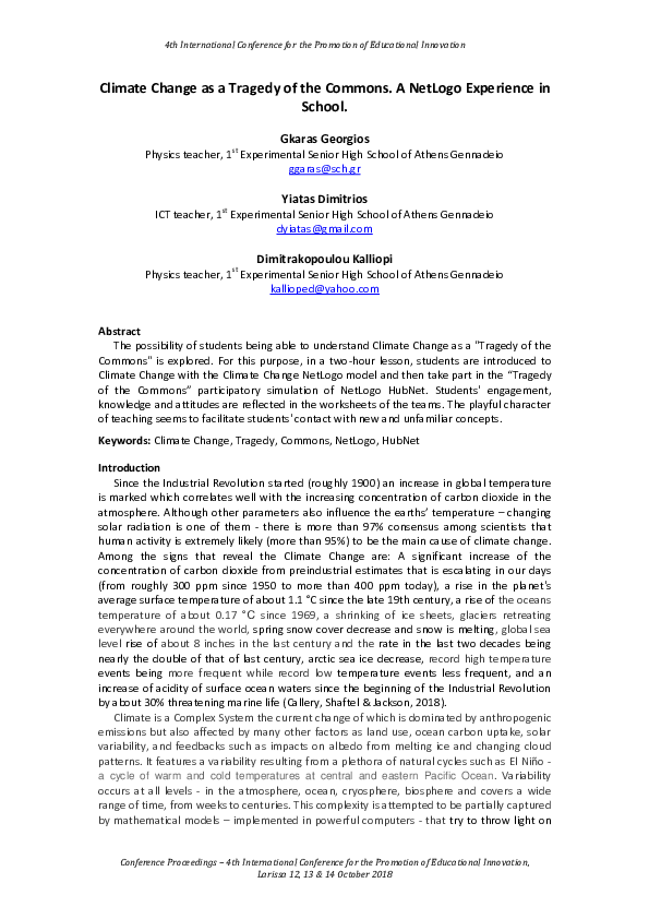 (PDF) Climate Change as a Tragedy of the Commons. A NetLogo Experience