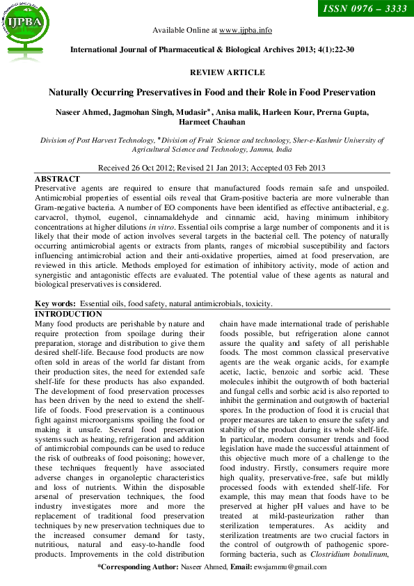 (PDF) Naturally Occurring Preservatives in Food and their Role in Food