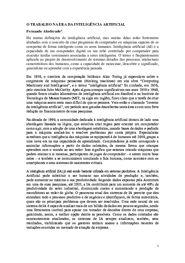 (PDF) O TRABALHO NA ERA DA INTELIGÊNCIA ARTIFICIAL