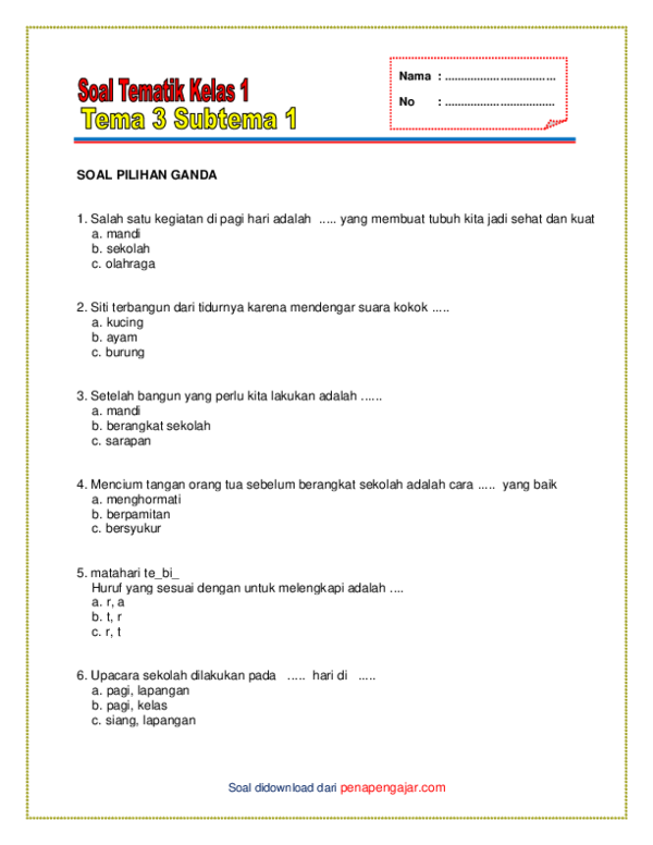 (PDF) Soal tematik kelas 1 tema 3 subtema 1 dan kunci jawaban  Avinda
