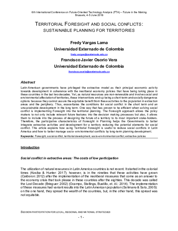 (PDF) TERRITORIAL FORESIGHT AND SOCIAL CONFLICTS: SUSTAINABLE PLANNING ...