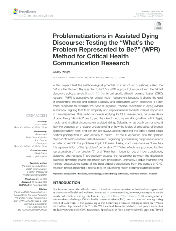 (PDF) Problematizations in Assisted Dying Discourse: Testing the “What ...