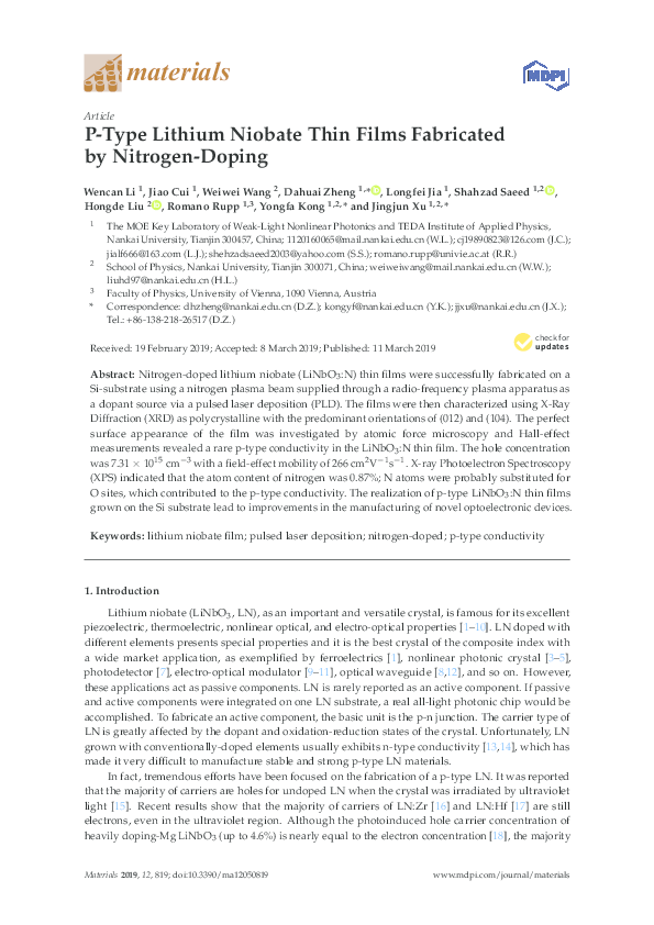 (PDF) materials P-Type Lithium Niobate Thin Films Fabricated by ...