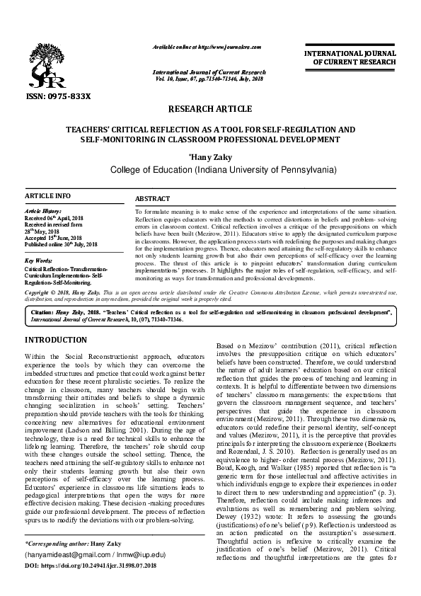 Pdf Teachers Critical Reflection As A Tool For Self Self Monitoring Pdf Teachers Critical Reflection As A Tool For Self Self Monitoring