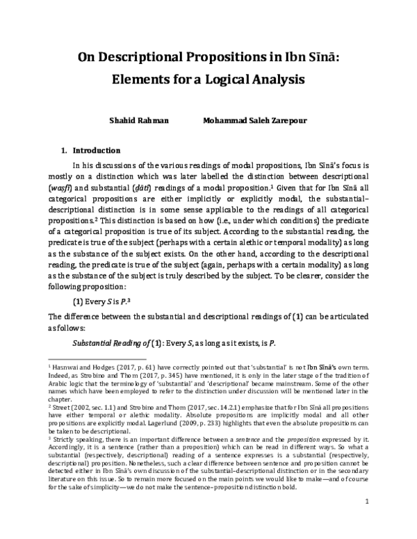 (PDF) Preprint On Descriptional Propositions in Ibn Sīnā Elements for