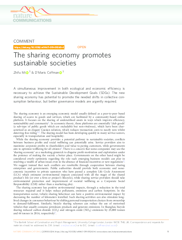 (PDF) The sharing economy promotes sustainable societies