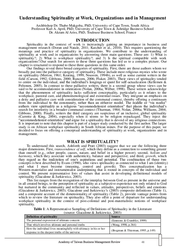 (PDF) Understanding Spirituality at Work, Organizations and in Management