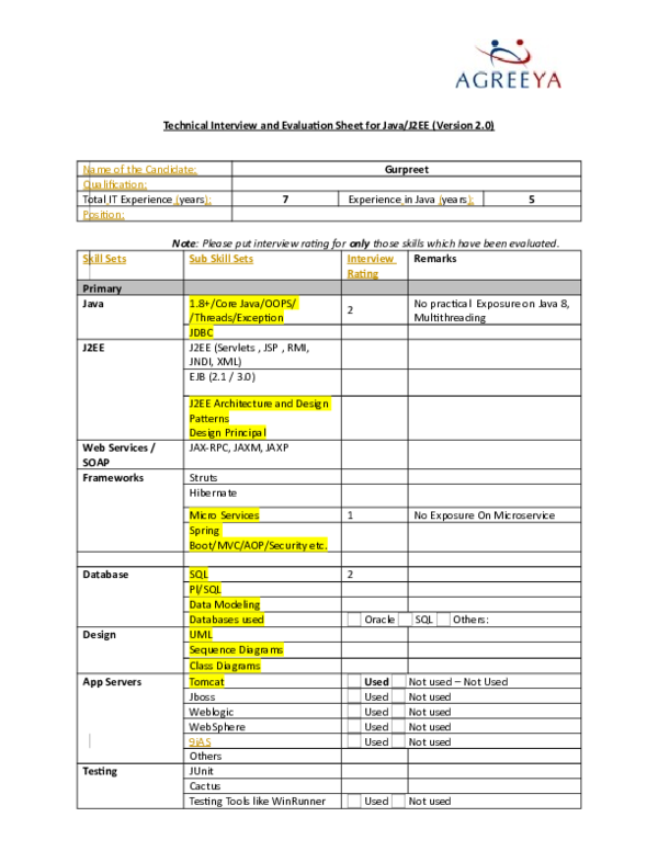 (DOC) Technical Interview and Evaluation Sheet for Java/J2EE (Version 2.0