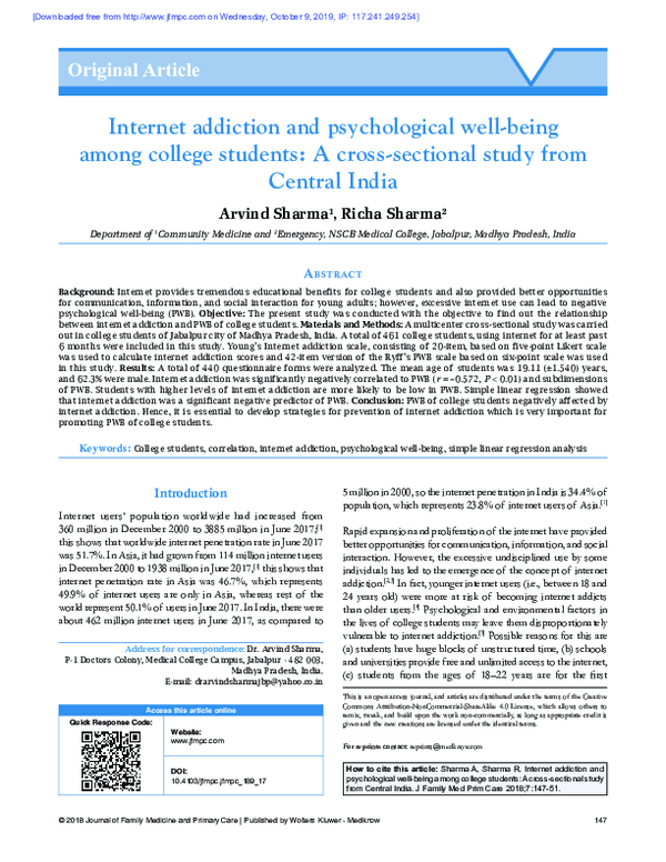 (PDF) Internet addiction and psychological well‑being among college ...