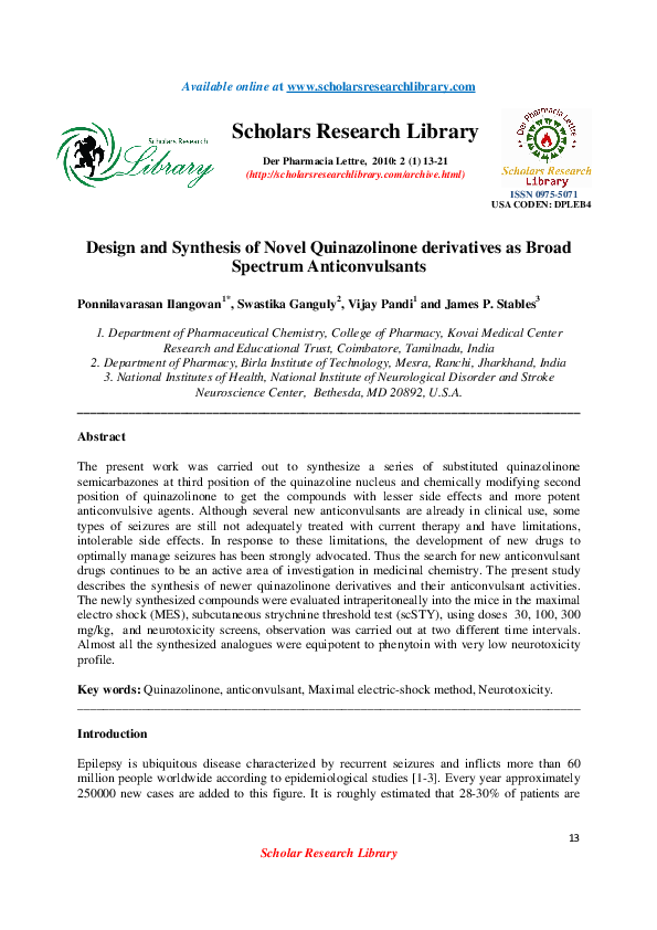 (PDF) Design and Synthesis of Novel Quinazolinone derivatives as Broad ...