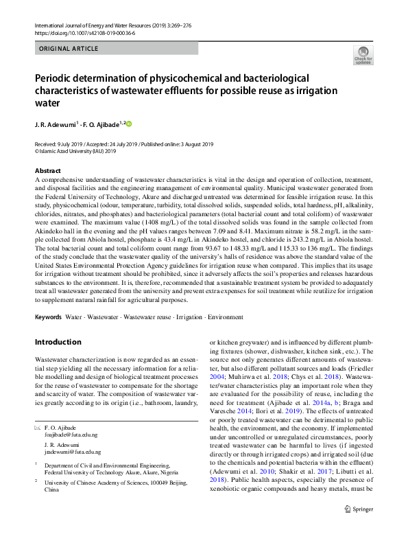 (PDF) Periodic determination of physicochemical and bacteriological