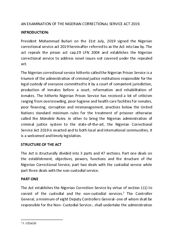 (DOC) AN EXAMINATION OF THE NIGERIAN CORRECTIONAL SERVICE ACT