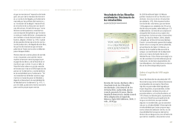 Reseña de Cassin, Barbara (dir.), Vocabulario de las Filosofías Occidentales. Diccionario de los intraducibles, Labastida, Jaime (coord. general), Prunes, María Natalia & Herzovich, Guido (coord. de la adaptación al español), México, Siglo XXI Editores, 2018, 2 vols., 1856 pp