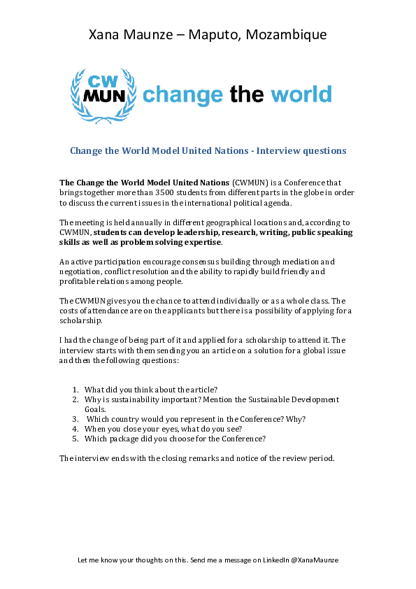 (DOC) Change the World Model United Nations Interview questions