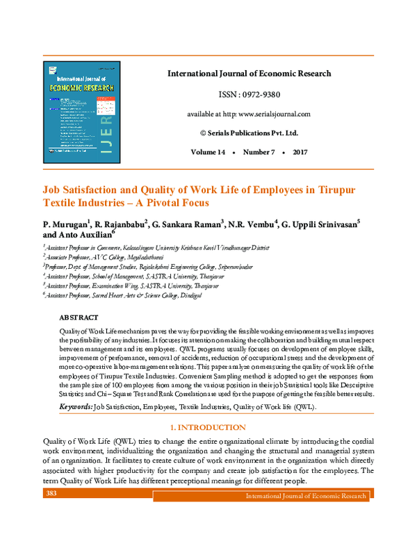 (PDF) Job Satisfaction and Quality of Work Life of Employees in Tirupur ...