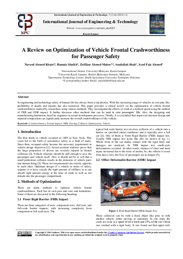 (PDF) A Review on Optimization of Vehicle Frontal Crashworthiness for Passenger Safety Humaiz