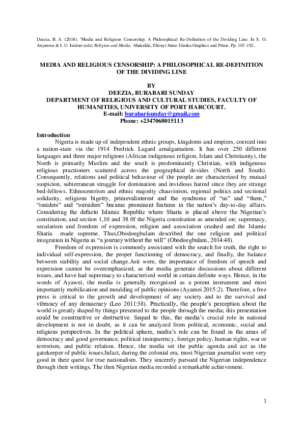 (DOC) MEDIA AND RELIGIOUS CENSORSHIP A PHILOSOPHICAL REDEFINITION OF THE DIVIDING LINE
