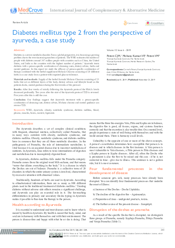 (PDF) Diabetes mellitus type 2 from the perspective of ayurveda, a case
