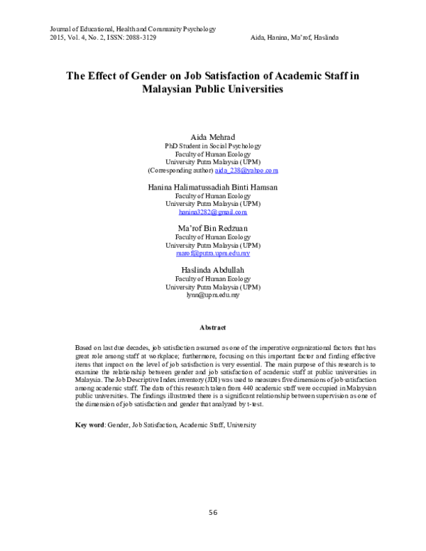 (PDF) The Effect of Gender on Job Satisfaction of Academic Staff in ...