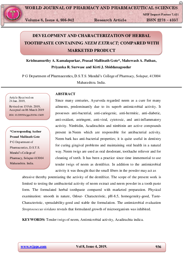 (PDF) DEVELOPMENT AND CHARACTERIZATION OF HERBAL TOOTHPASTE CONTAINING ...