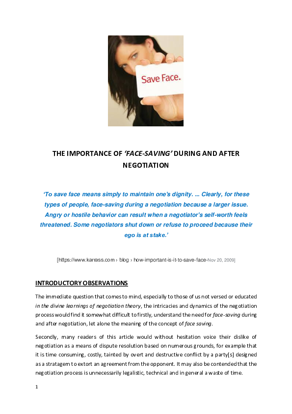 (DOC) THE IMPORTANCE OF 'FACE SAVING' DURING AND AFTER NEGOTIATION Johann Scheepers Academia.edu